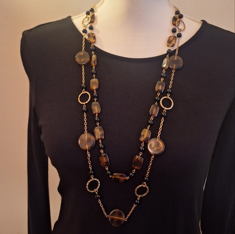 70s Leopard Inspired 2-Strand Necklace Goldtone Chain Links Acrylic Beads Brown